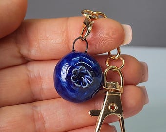 Ceramic BLUEBERRY Keychain ONE, Decor Kitchen Decor, Desk Decor, Handmade Pottery Sculpture, Stoneware, Tiny Gift, Bag Charm,Berry Porcelain