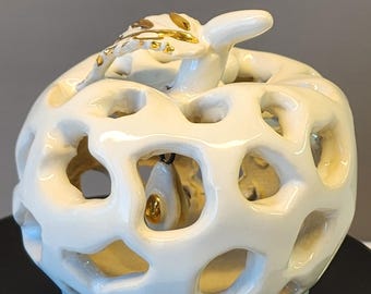 Handmade Ceramic Apple Sculpture, 22k Gold Luster, White Stoneware Art Object