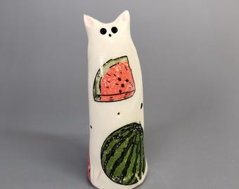 Mini Ceramic WATERMELON Cat Figurine – Handmade Pottery Cat Sculpture, Cute Tiny Cat, Cat Lover Gift, Dollhouse Decor