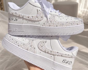 Custom Pearl Rhinestone Bridal Sneakers, Personalized Wedding Shoes (Date & Initials)
