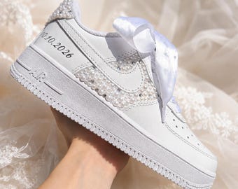 Pearl & Rhinestone Bridal Sneakers, Personalized Wedding Shoes with Custom Side Design