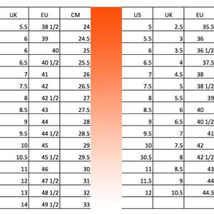 May include: A chart showing shoe size conversions for men and women. The chart includes US, UK, EU, and CM sizes.