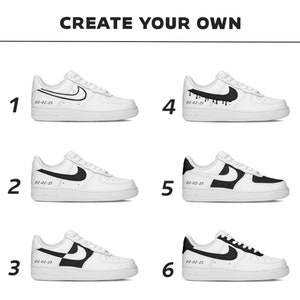 May include: Six different designs for customizing white sneakers with black accents. Each design features a unique black graphic on the side of the shoe, including a swoosh, a drip, a block, and a curve. The date "02-02-25" is printed on each shoe.