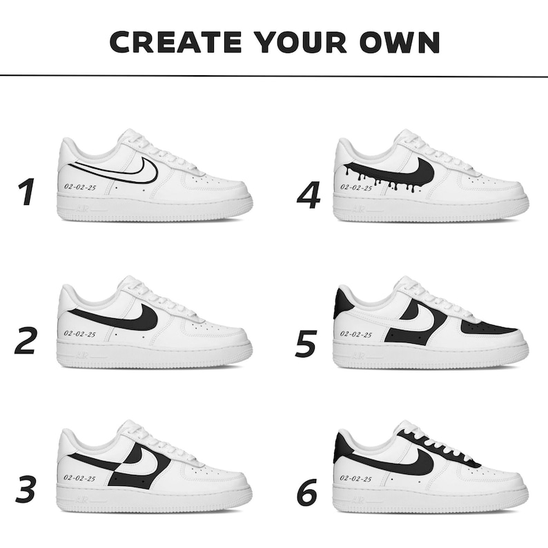 May include: Six different designs for customizing white sneakers with black accents. Each design features a unique black graphic on the side of the shoe, including a swoosh, a drip, a block, and a curve. The date "02-02-25" is printed on each shoe.