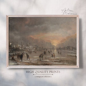 Sport on Frozen river | Winter Wall Art Christmas Wall Art Town Decor  Painting Vintage Christmas Print Winter Print Holiday Digital xmas