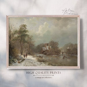 Ice Skating in Small Village | Art Printable Winter city Wall Christmas Wall Art Cottagecore Decor Landscape Painting Vintage Decor