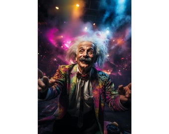 Einstein Rave Poster: Neon Party, Modern Wall Art