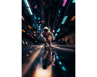Neon Spaceman Poster | Astronaut Skateboard Art | Modern Wall Decor