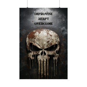 Improviser Adaptation Surmonter | USMC | Punisher Marvel | Affiche de motivation | Art mural militaire | De puissants mantras motivants