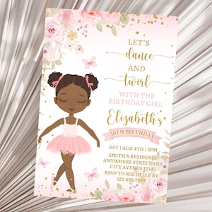 Editable Ballerina Birthday Invitation  Ballet Girls Party Invite Blush Pink Tutu Kids Dance Party Afro Ballerina Girl Birthday Party Invite