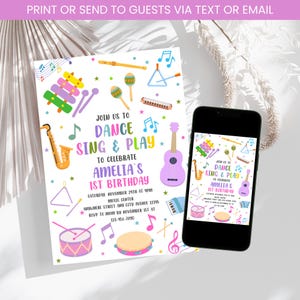 May include: Colorful birthday party invitation with musical instrument illustrations. The invitation reads "Join us to Dance, Sing & Play to celebrate Amelia's 1st Birthday." A smartphone displays the invitation. The invitation includes the date, time, location, and RSVP information.