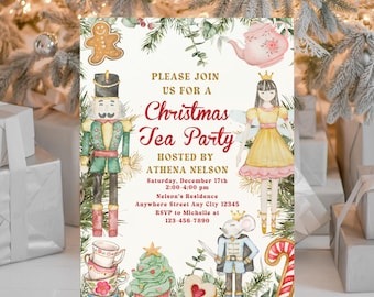 May include: A Christmas Tea Party invitation with watercolor illustrations. The invitation features a gingerbread man, nutcracker, doll, mouse, teacups, cupcake, heart cookie, candy cane, and text that reads "Please Join Us For A Christmas Tea Party".