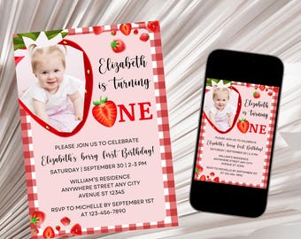 Strawberry 1st Birthday Invitation with Photo, Berry First Birthday Invite, Girl 1st Birthday Invite, Strawberry Invitation Template Digital