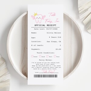 Pink Tooth Fairy Receipt Certificate, Tooth Fairy Letter, Kids Tooth Fairy Card, Girl Tooth Fairy Thank You Card, Lost Tooth Letter Digital