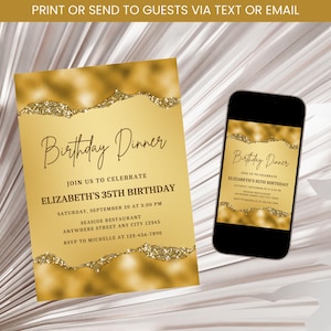 Gold Birthday Dinner Invitation, Adult Birthday Invitation, Gold Glitter Birthday Invite, Men and Women Birthday Invitation Template Digital