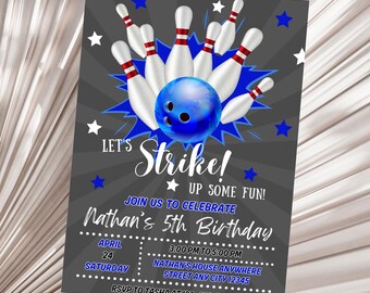 Editable Bowling Birthday Party Invitation Let's Strike up Some fun Birthday Invite Blue Boy Bowling Party Invite Template Digital Download