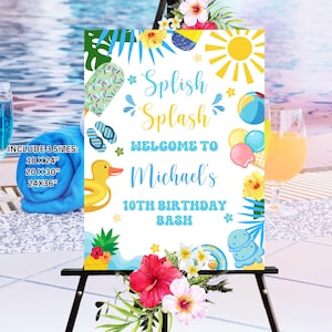 Pool Party Birthday Welcome Sign, Tropical Summer Birthday Poster, Splish Splash Birthday Welcome Board, Pool Party Sign Template Digital