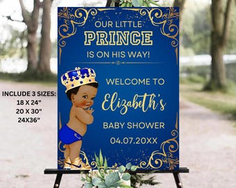Editable Royal Prince Baby Shower Welcome Sign, African American Prince Baby Shower Welcome Board, Blue Gold Royal Prince Baby Shower Sign