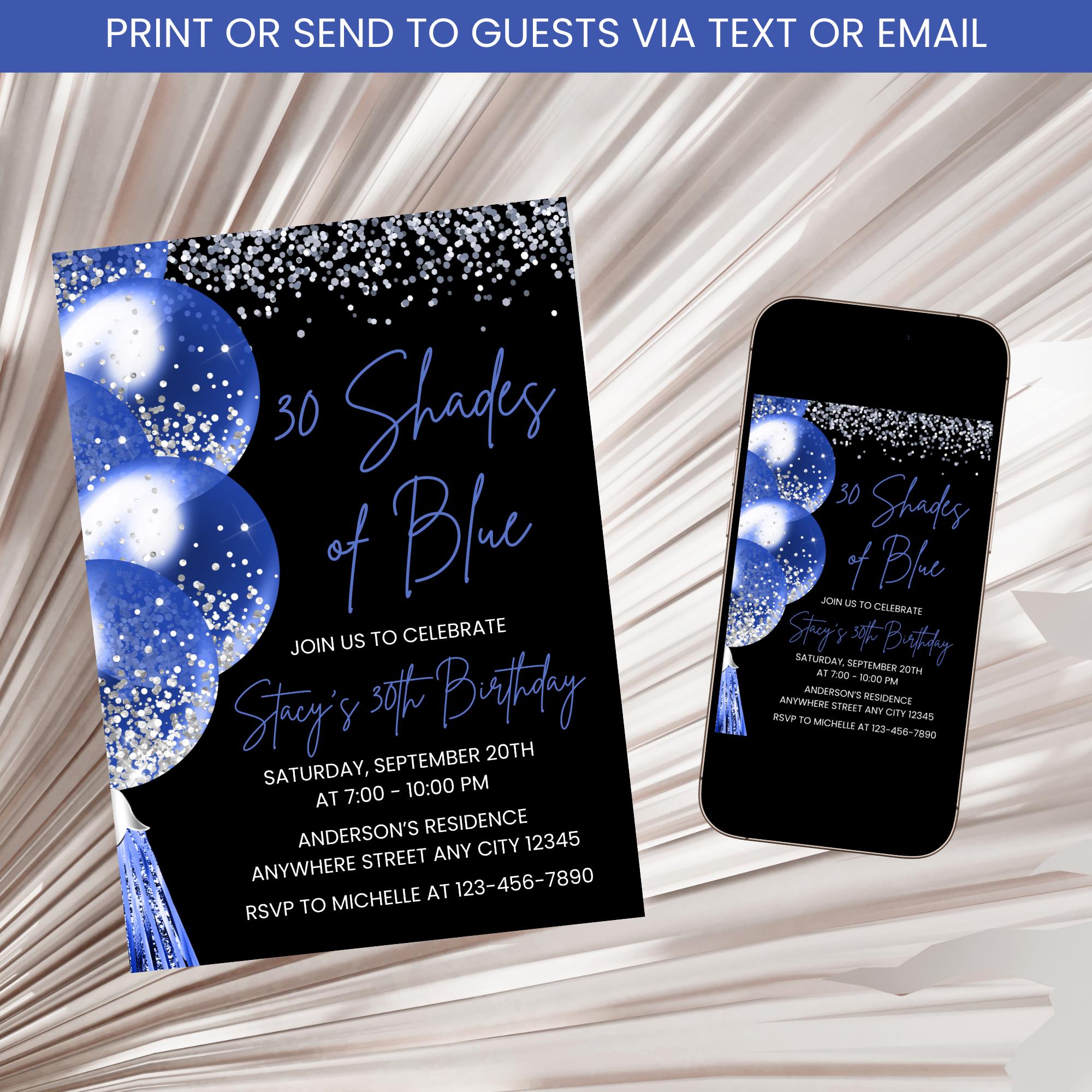 Shades of Blue Birthday Invitation, Birthday Dinner Invite, Adult Birthday Invite, Blue Glittered Balloons Birthday Invite Digital Download