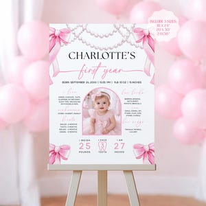 May include: A pink and white first birthday sign with the text "CHARLOTTE'S first year." The sign includes a photo of a baby girl, decorative bows, and details about her first year, including her weight, height, and favorite things.