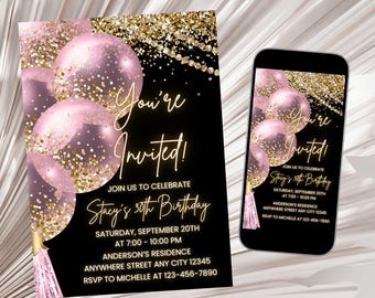 Pink Birthday Invitation, Women Birthday Invitation, Gold and Pink Balloons Birthday Invite, Shades of Pink Invite Template Digital Download
