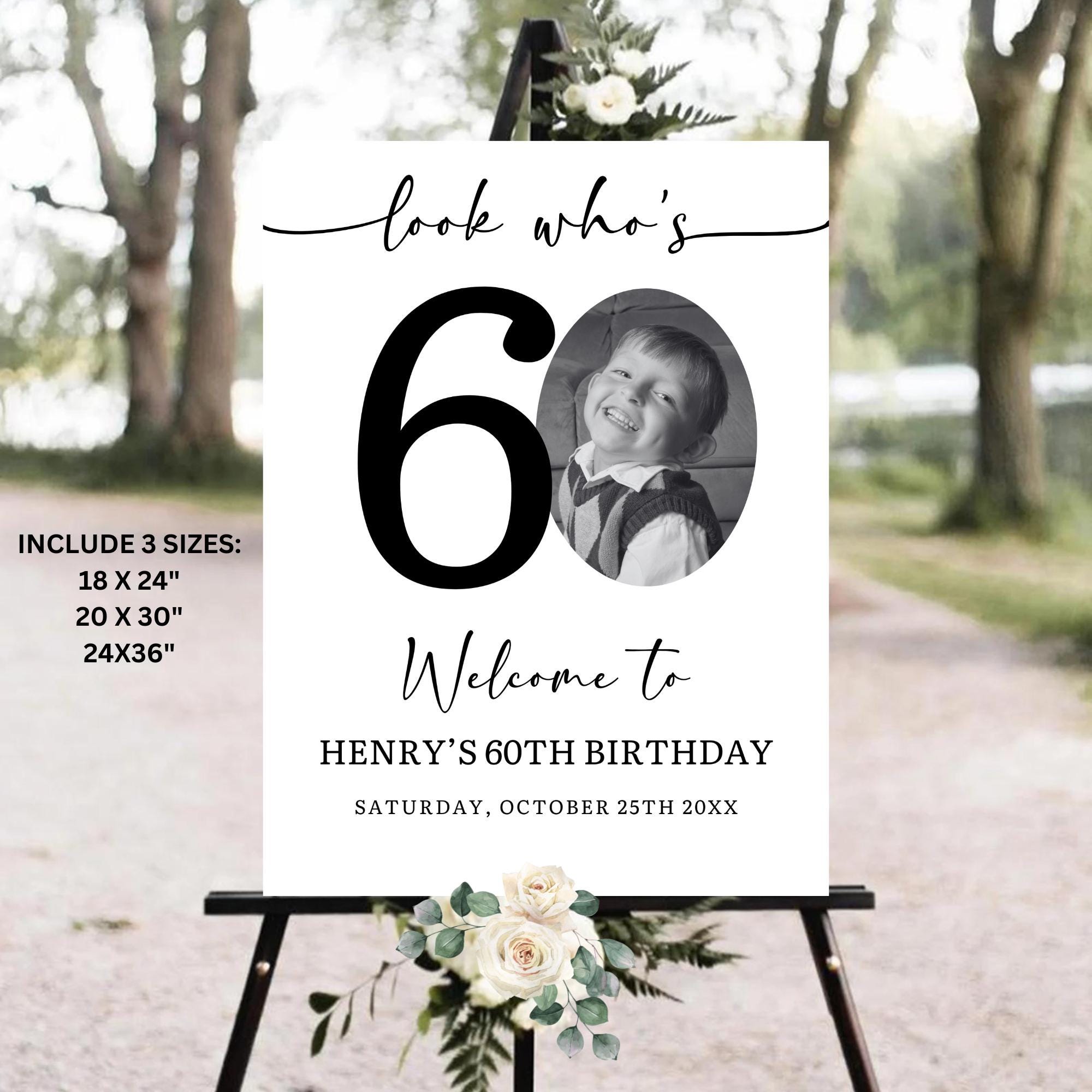 Editable 60th Birthday Welcome Sign, Look Who's 60 Photo Welcome Sign, Modern 60th Birthday Welcome Sign, Adult Birthday Poster Template