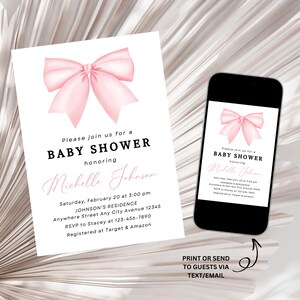 Pink Coquette Baby Shower Invitation, Pink Bow Baby Shower Invite, Girl Baby Sprinkle Invite, Ribbon Minimalist Baby Shower Invite Template