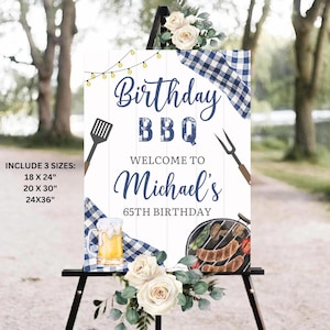 Editable BBQ Birthday Welcome Sign, Blue White Gingham Backyard Party Yard Sign, Outdoor Barbecue Grill Sign,Printable Modern Summer Cookout