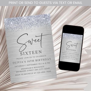 Silver 16th Birthday Invitation, Sixteenth Birthday Invite, Sweet 16 Glitter Birthday Invite, 16th Birthday, Silver Glitter Invite  Digital
