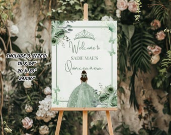 Sage Green Quinceañera Welcome Sign, Mis Quince Anos Welcome Board, Girl 15th Birthday Sign, Green Floral Welcome Sign, Quinceañera Birthday