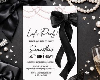 Black Bow Birthday Invitation, Black Ribbon Coquette Invitation, Bow and Pearls Invitation Template Digital Download