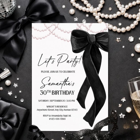 Black Bow Birthday Invitation, Black Ribbon Coquette Invitation, Bow and Pearls Invitation Template Digital Download