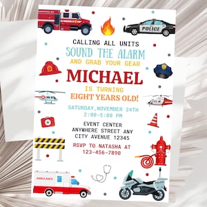 Editable Emergency Vehicles Birthday Invitation, Police Car Invitation, Firetruck Invitation First Responders Invitation Sound The Alarm