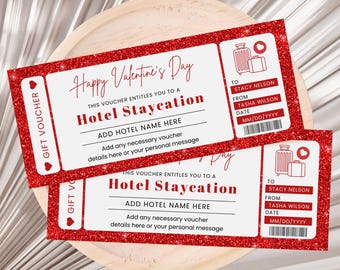 May include: Red glitter Valentine's Day gift voucher with the text "Happy Valentine's Day" and "Hotel Staycation". The voucher is for a hotel staycation and includes a space to add the hotel name, date, and names of the recipient and giver.