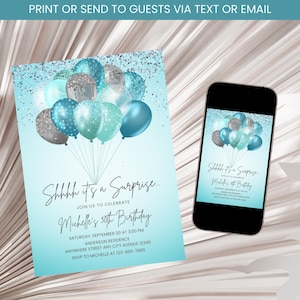Surprise Turquoise Birthday Invitation, Adult Birthday Party Invite, Turquoise & Silver Birthday Invite, Women Invitation Template Digital
