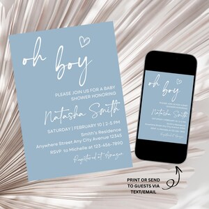 Boy Baby Shower Invitation, Oh Boy Baby Shower Invite, Boy Baby Sprinkle Invitation, Blue Minimalist Baby Shower Invitation Template