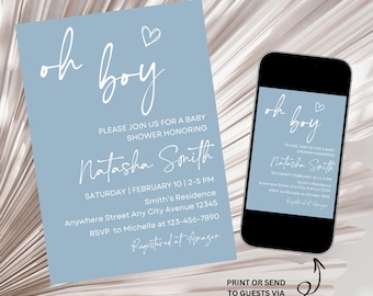 Uitnodiging babyshower jongen, Oh Boy babyshower uitnodiging, jongensbaby strooi uitnodiging, blauwe minimalistische sjabloon babyshower