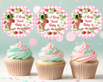 Etiqueta para cupcakes de baby shower de fresa, Baby shower dulce de frutos rojos, Etiqueta para cupcakes de baby shower dulce de frutos rojos, Etiqueta para baby shower de fresa afro
