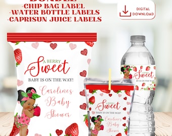 Strawberry Baby Shower Chip Bag ,Berry Sweet Baby Shower Decor,Berry Sweet Baby Shower Chip Bag, Afro Strawberry Baby Shower Label Printable