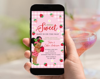 Strawberry Baby Shower Evite, Berry Sweet Invitation, Baby Shower Electronic Invite , Afro Strawberry Baby Shower Text Invitation Digital
