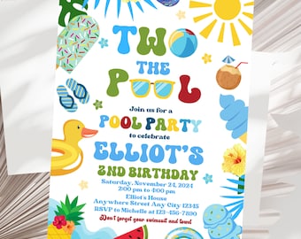May include: A vibrant pool party invitation featuring the words "Two the Pool" and "Elliot's 2nd Birthday." The design incorporates illustrations of a sun, ice cream, a rubber duck, and a watermelon slice. The invitation is set against a white backdrop.