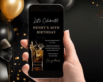 Männer-Geburtstags-Einladung, Erwachsener Whisky-Geburtstags-Evite, Whisky-Geburtstags-Einladung, Männer- und Frauen-Einladung, Erwachsener Geburtstagstext-Einladung