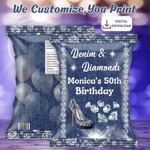 Denim and Diamond Chip Bags, Denim Diamond, Denim Diamond Birthday Party Chip Bag| Denim and  Diamond Printable Party Favor Chip Wrap