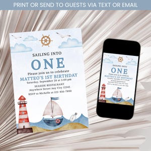 Nautical Birthday Invitation, Boy Nautical Birthday Invitation, Sailor Invitation, Sailing Into One Birthday Invitation Template Digital
