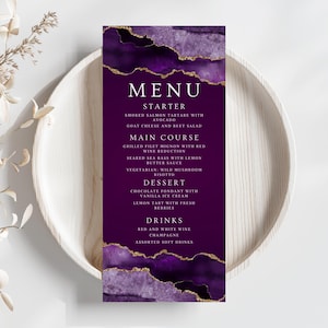 Purple Menu Card, Table Menu, Birthday Invitation Menu Card, Women Birthday Menu Template, Purple and Gold Food Menu Template Digital