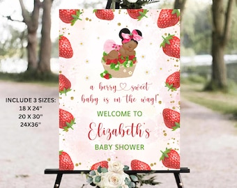 Letrero de bienvenida para baby shower con temática de fresas (EDITABLE)