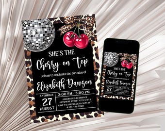 Cherry on Top Birthday Invitation, Leopard Disco Cherry Invitation, Cherry On Top, Coquette Cherry Invitation Template Digital Download