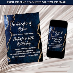 Shades of Blue Birthday Invitation, Adult Shades of Blue Invitation, Navy Blue Birthday Invite, Blue & Gold Birthday Party Invite Template