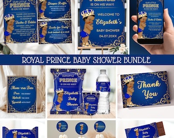 Puede incluir: Un conjunto de decoración para baby shower con temática de príncipe real, en azul marino y dorado. Incluye invitaciones, letreros y decoraciones con una ilustración de un bebé príncipe. El conjunto incluye varios artículos, como tarjetas de agradecimiento y adornos para cupcakes.
