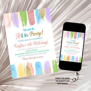 Kunst-Geburtstags-Einladung, Gemälde-Party-Geburtstags-Einladung, Kunst-Party einladen, Regenbogen-Pastell-Pinsel-Einladung, Handwerk-Party-Einladungsvorlage